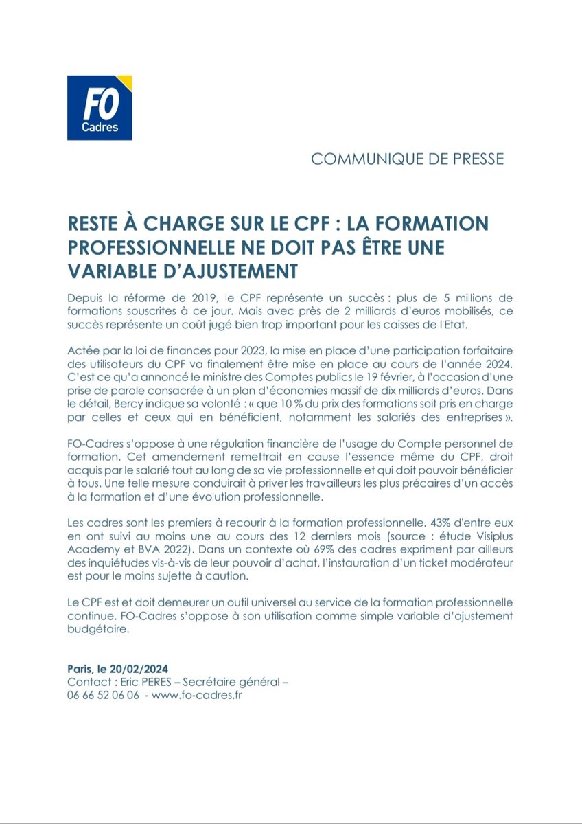 #CPF : le reste à charge de 10% pour le salarié annoncé par l'#État privera les #travailleurs les plus précaires d'un accès à la #formation et d'une #évolutionprofessionnelle. Le CPF est et doit demeurer un outil universel , pas une variable d'ajustement !
urlz.fr/pC6P