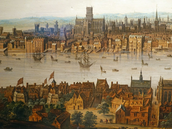 VinnieSull1van's tweet photo. This painting depicts the view of the 'City of 'London' from the south bank, before the Great Fire of #London in 1666. One can see the Old (Gothic) St Paul's Cathedral at the top of #Ludgate Hill. In the foreground sits Baynard's Castle (by the river) it would never be rebuilt. https://t.co/vCytsqDzG9