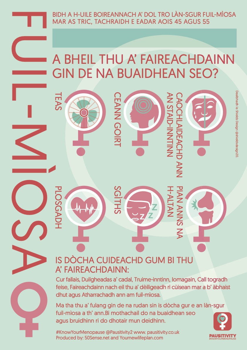 It's #SeachdainnaGàidhlig – World Gaelic Week – so time to share the first menopause awareness poster in Scottish Gaelic. Free to download at pausitivity.co.uk and the work of Coatbridge's finest @shieldsdesign20