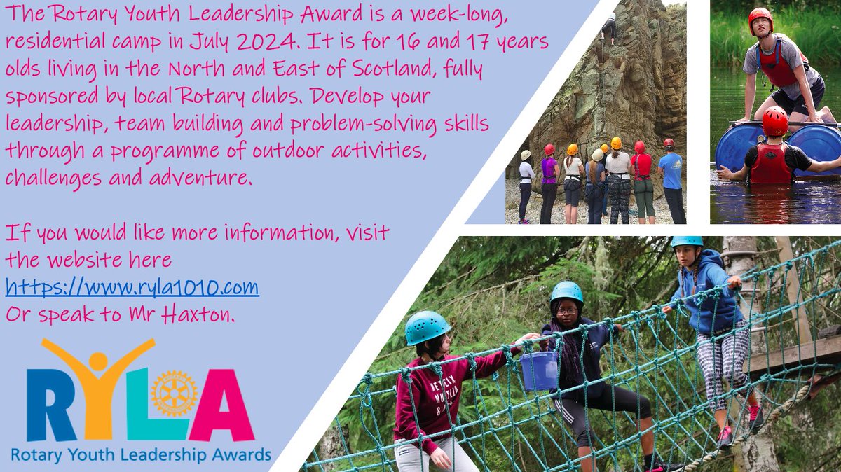 📣📣 Calling all <a href="/harrisacdundee/">Harris Academy</a> young people who will be 16 or 17 in July this year! 📣📣

RYLA is a fantastic opportunity offered by <a href="/rotaryscotland/">Rotary in Scotland</a> If you are interested, please speak to <a href="/MrHaxton/">Mr Haxton</a> or visit the RYLA website. ryla1010.com