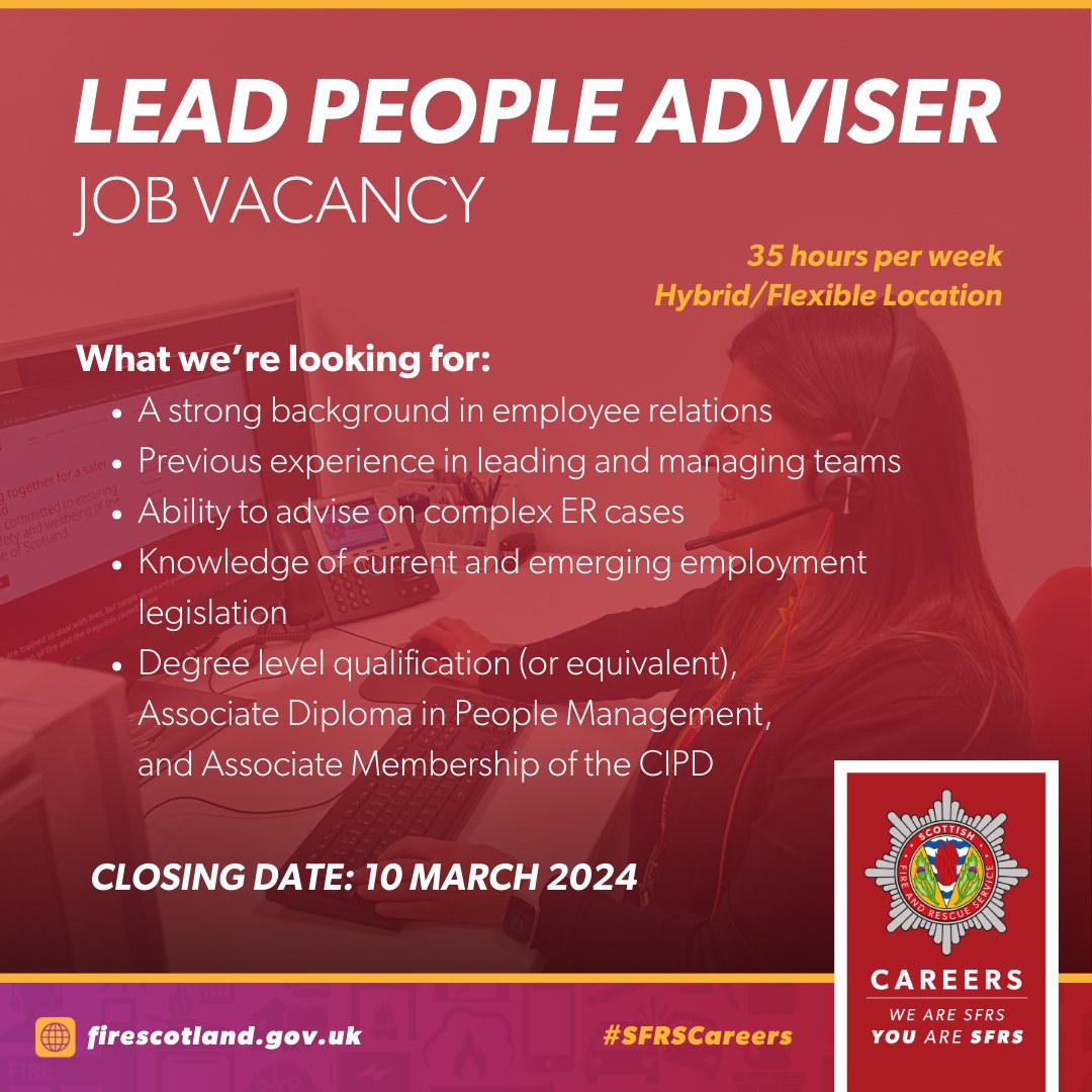 fire_scot's tweet photo. Our Advice and Employee Relations Team is looking for a Lead People Adviser with a strong background in HR and managing a team. 👥🚒
 
For more details and to apply, visit: https://t.co/Oy6M6f7EBs

#SFRSCareers https://t.co/Xc3v8uOJ70