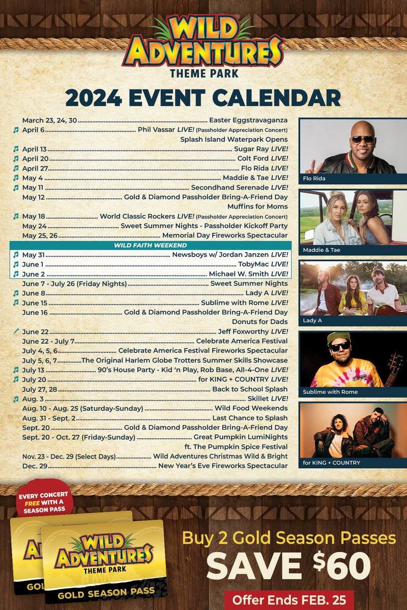 The wait is over... Here is our 2024 Wild Adventures LIVE! Concert & Special Events Lineup featuring hit artists @ladya, @official_flo, @SublimewithRome, and many more. Get those calendars out and get ready for an incredible Season. 🎶 bit.ly/3I4mPOo