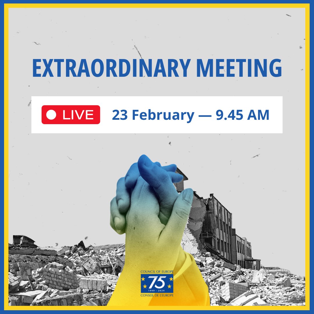 The #CoE Committee of Ministers will hold an extraordinary meeting to mark two years of Russia’s war of aggression against Ukraine. 🔴 Follow live the broadcast ⬇️ vodmanager.coe.int/live/?appname=… #StandWithUkraine 🇺🇦