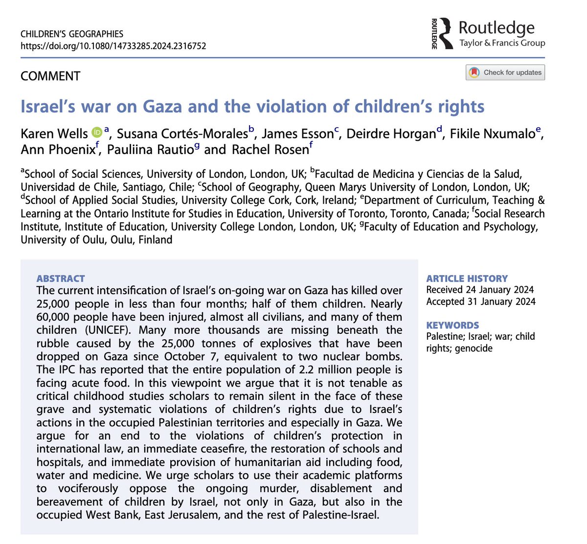 Karen Wells🏳️🌈 (@karen_wells_bbk) on Twitter photo We <a href="/DrJesson/">James Esson</a> @Nxumalo71 <a href="/SusanaCortesMor/">Susana Cortes-Morales</a> wrote about genocide in Gaza and the violation of children's rights for <a href="/ChildrensGeogs/">Children's Geographies</a> Pls share widely. Free to read tandfonline.com/doi/full/10.10… We <a href="/DrJesson/">James Esson</a> @Nxumalo71 <a href="/SusanaCortesMor/">Susana Cortes-Morales</a> wrote about genocide in Gaza and the violation of children's rights for <a href="/ChildrensGeogs/">Children's Geographies</a> Pls share widely. Free to read tandfonline.com/doi/full/10.10…