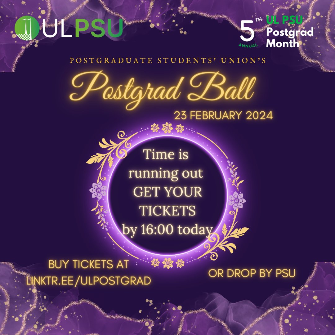 Did you get your ticket yet? Time is running out! Join us this Friday for our Postgrad Ball 2024 at the Castletroy Park Hotel. Tickets are available until 16:00 today on linktr.ee/ULPOSTGRAD or stop into the PSU office! @UL @ULGlobal @UL_GPS @DocCollegeUL