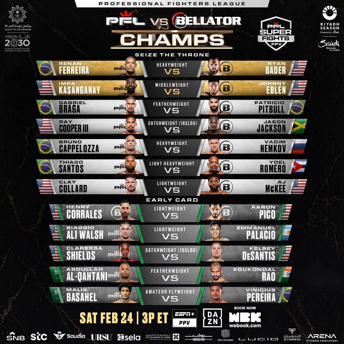 𝗢𝗙𝗙𝗜𝗖𝗜𝗔𝗟: Updated #PFLvsBellator Fight Card •New Matchup: @PatricioPitbull will now face @Gabrielbragab in a Featherweight bout •New Matchup: @AaronPicoUSA will now face Henry Corrales [ #PFLvsBellator | Saturday, Feb 24th | 3pm EST | 🎟 pfl.info/PFLvBellator]