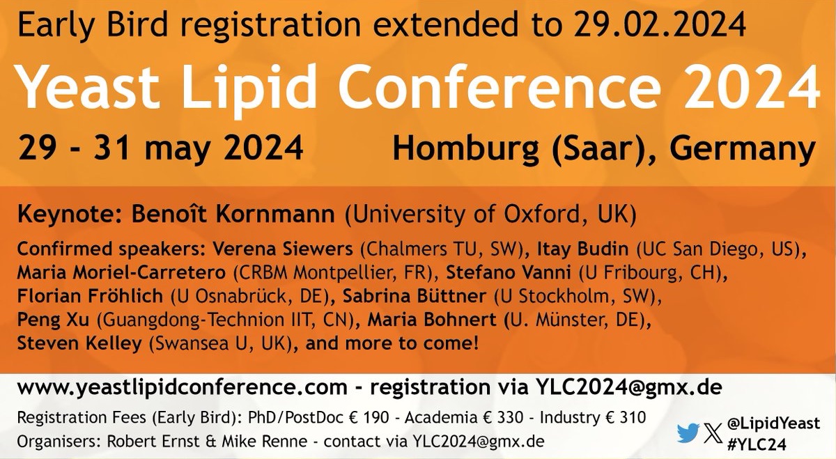 Contact will be sponsoring the upcoming Yeast Lipid Conference @LstSaar, Homburg, Germany. If you need more info, contact the organisers Robert Ernst and @MikeRenne (yeastlipidconference.com or email ylc2024@gmx.net). Early registration discounts (10-25%) for the next 9 days.