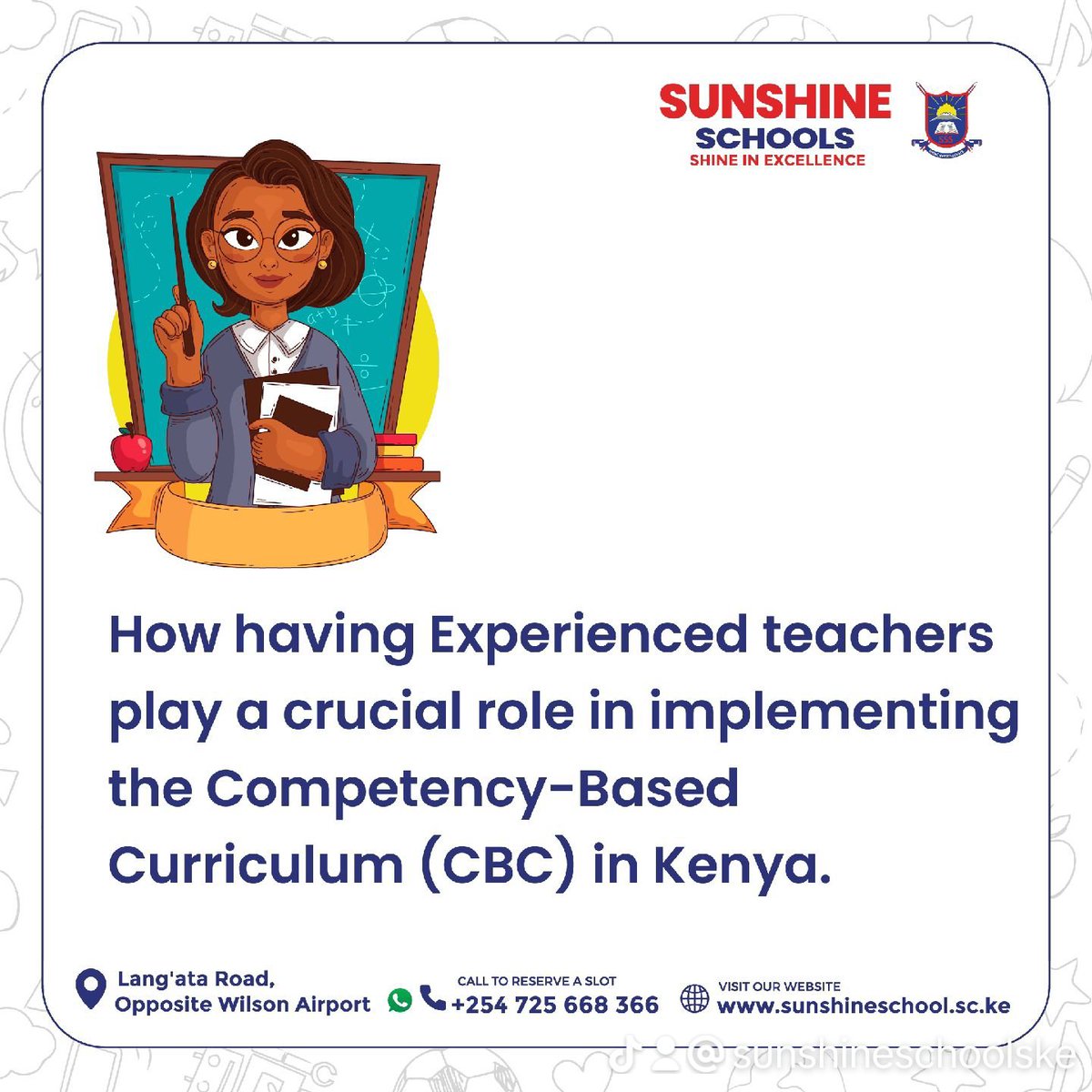 Sunshinescl's tweet photo. How having Experienced teachers play a crucial role in implementing the Competency-Based Curriculum (CBC) in Kenya. 

https://t.co/fjUabiNJLq
Now enrolling Playgroup, PP1, PP2, Grade 1-5, JSS Grade 7, Form 1-4.
+254725668366

#SunshineSchools #SSS #SunshinePrimarySchools https://t.co/WeYAoRqN9f
