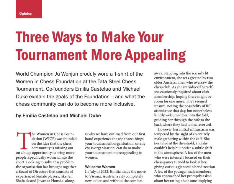 @NewInChess featured President Emilia Castelao and Chairman Michael Duke in the inaugural opinion column! In this piece, they tell you how to make your tournament more appealing and inclusive.♟️Get a digital version of the issue free for a limited time: newinchess.com/new-in-chess-2…