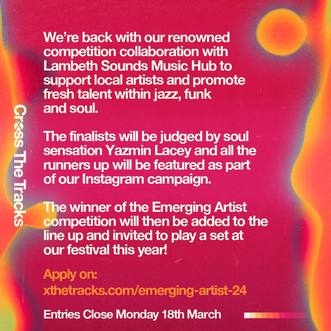 📣 ARE YOU AN EMERGING ARTIST IN SOUTH LONDON? 🎤⁠

Dreaming of playing at Cross The Tracks ‘24? 🤩 ⁠ We’re super excited to announce that our #LambethSounds Emerging Artist competition is BACK and better than ever🔥 running in collaboration with @lambethmusic.⁠ ⁠  

We truly