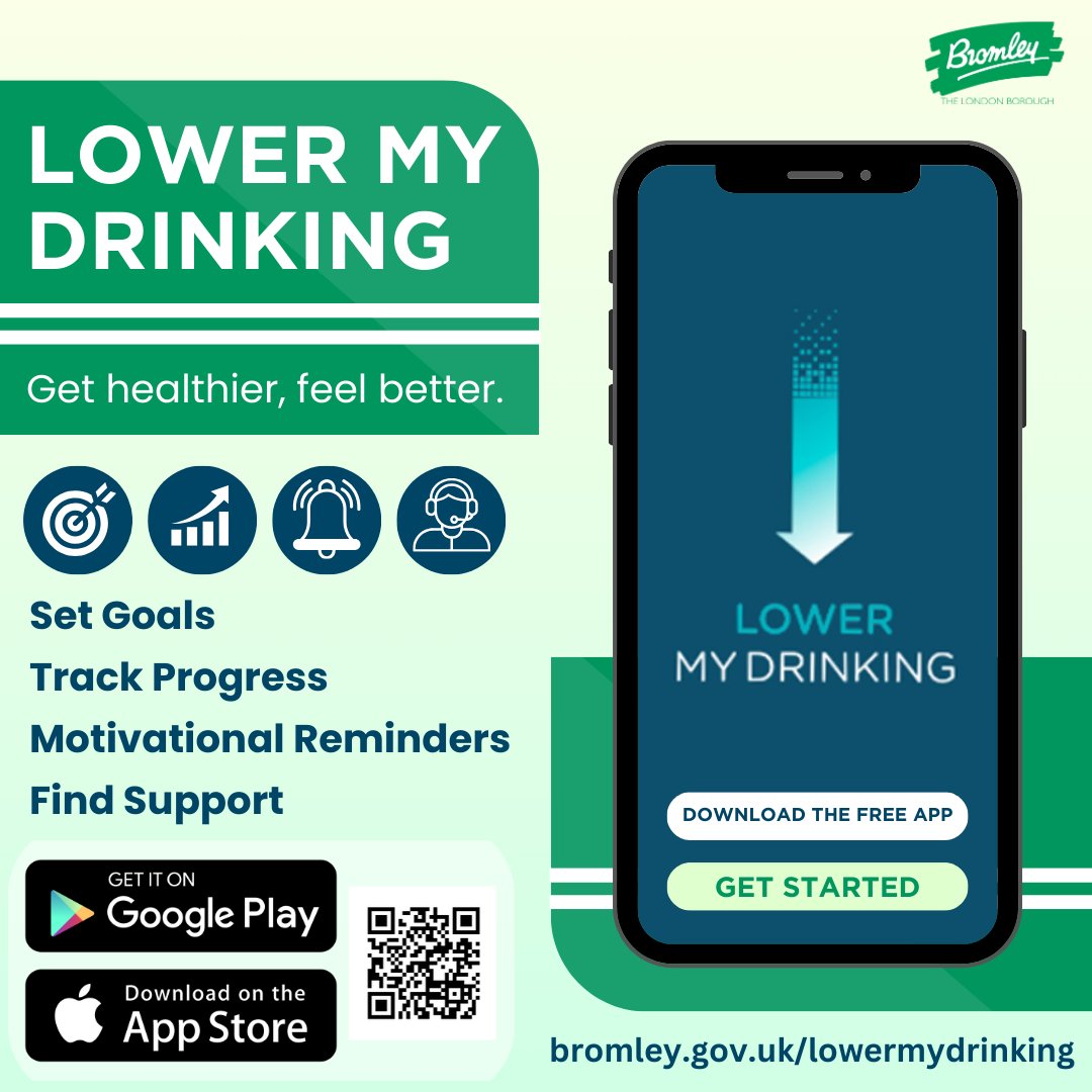 Find ways to lower your drinking with the free Lower My Drinking app. Get healthier and feel better with tools on the app to set goals, track your progress, and keep motivated. To learn more, try the quiz and to download the app, visit: bromley.gov.uk/lowermydrinking