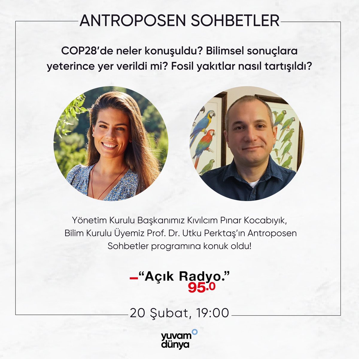 Yönetim Kurulu Başkanımız Kıvılcım Pınar Kocabıyık ve Bilim Kurulu Üyemiz Prof. Dr. Utku Perktaş'ın COP28 üzerine sohbeti bu akşam 19:00'da Antroposen Sohbetler'de!🎙️@acikradyo @Kivilp @Perktas