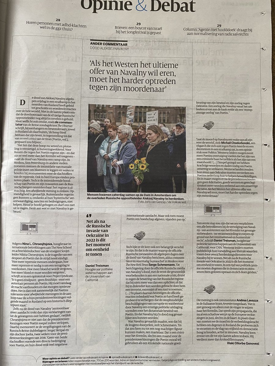 Dutch newspaper Volkskrant. Statements of foreign journalists and professors: ‘When the western world wants to honour the ultimate sacrifice made by #AlekseyNavalny #Navalny, then it should confront his murderer much more firm’. #PutinKilledNavalny #RussiaisATerroistState
