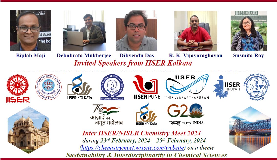 We're excited to share that Biplab Maji, Debabrata Mukherjee, Dibyendu Das, R. K. Vijayaraghavan and Susmita Roy from IISER Kolkata will be presenting invited lectures at IINCM 2024, hosted by IISER Kolkata! @dcsiiserkol @iiserkol