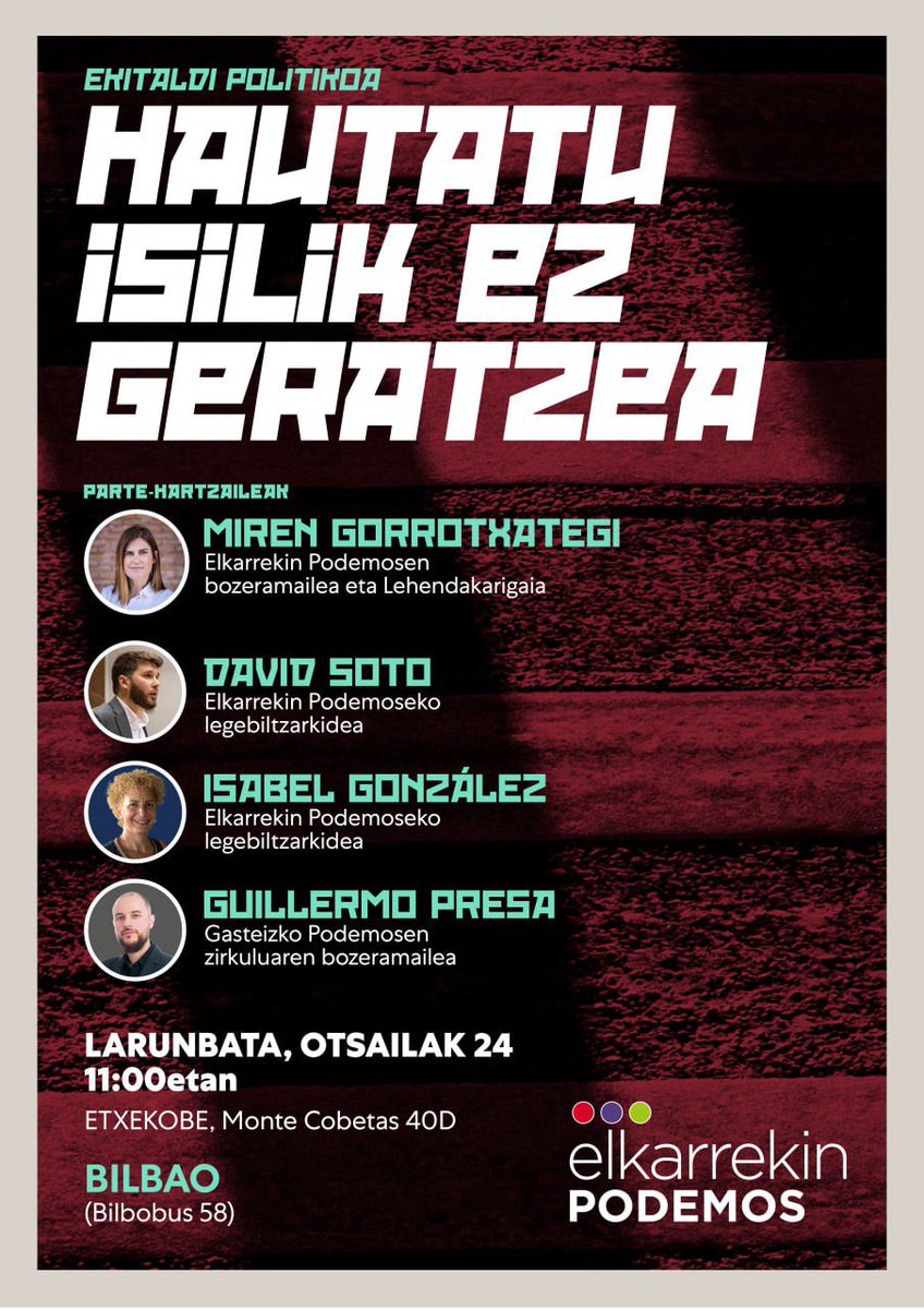 PodemosLlanada's tweet photo. ELIGE NO CALLARTE
El sábado, 24 febrero, a las 11:00 en ETXEKOBE, calle Monte Cobetas 40D, Bilbao (Bilbobus 58).

👉 Te esperamos, inscríbete en el siguiente enlace:

https://t.co/42nko7fBrf https://t.co/saSGw34c1O
