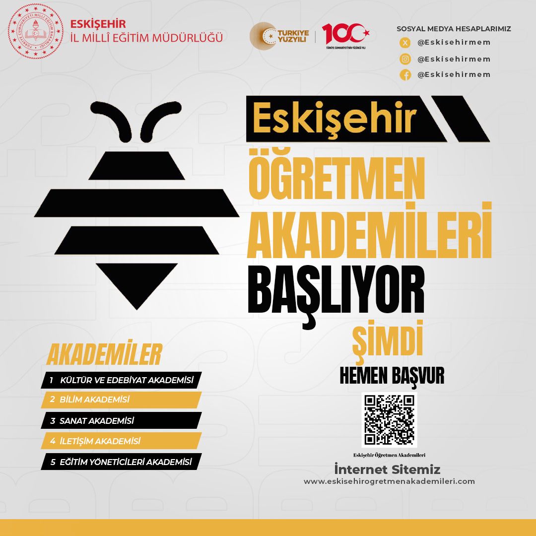 📢Bakanlığımız öncülüğünde hayata geçirilen "Eskişehir Öğretmen Akademileri" başlıyor.

Başvuru için👇
eskisehirogretmenakademileri.com

✅Kültür ve Edebiyat Akademisi 
✅Bilim Akademisi
✅Sanat Akademisi
✅İletişim Akademisi
✅Eğitim Yöneticileri Akademisi başlıklarında;