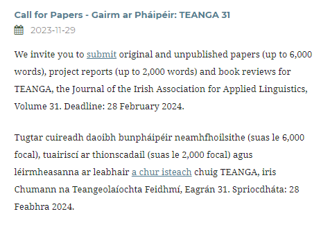 TEANGA (@teangajournal) on Twitter photo 📢📢📢Don't want to cause a panic, but ...
the deadline for submission to Teanga is fast approaching. Only 8 days left. Time to get the 🛼🛼 on
journal.iraal.ie/index.php/tean…
#appliedlinguistics #irishresearch #callforpapers 📢📢📢Don't want to cause a panic, but ...
the deadline for submission to Teanga is fast approaching. Only 8 days left. Time to get the 🛼🛼 on
journal.iraal.ie/index.php/tean…
#appliedlinguistics #irishresearch #callforpapers