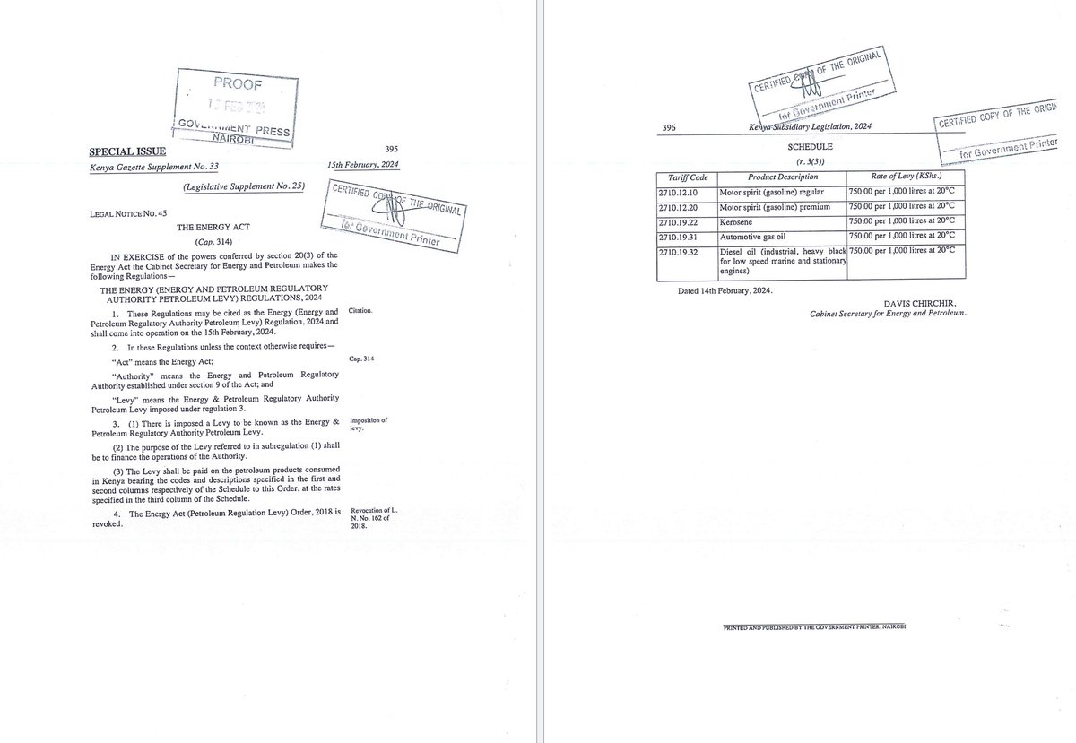 MwangoCapital's tweet image. The legal notice relating to the increase in the Petroleum Regulatory Levy by 3X from KES 0.25 in the Jan/Feb cycle per litre to KES 0.75 per litre in the latest Feb/March pricing cycle.
