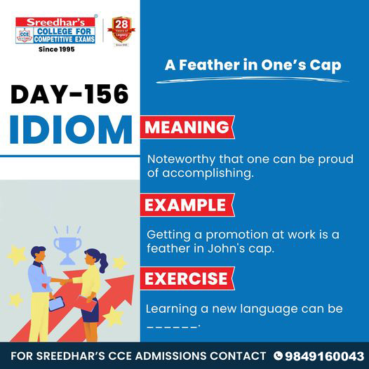 Daily One Idiom 💯
Join Sreedhar's CCE Institute

docs.google.com/forms/d/e/1FAI… 
 
For Admissions, Reach out at 9849160043

#sreedharsccetpt #idiom #idioms #english #vocabulary #learnenglish #grammer #englishgrammer #englishpartner #banking #bankingenglish #Tirupati