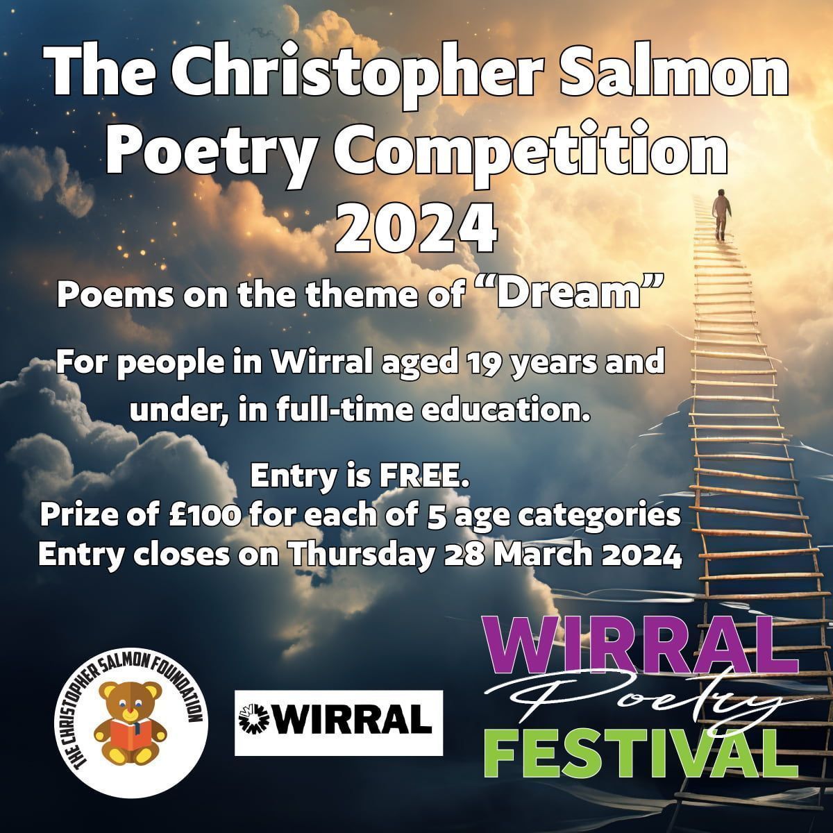WirralLibraries's tweet photo. 📣 Enter the Christopher Salmon Poetry Competition by Thursday 28th March to be in with a chance of winning £100!  

For all details head here: https://t.co/LDPKAgrYvW 

This years theme is 'Dream' 💭 💭💭 https://t.co/YUnRunpSdD