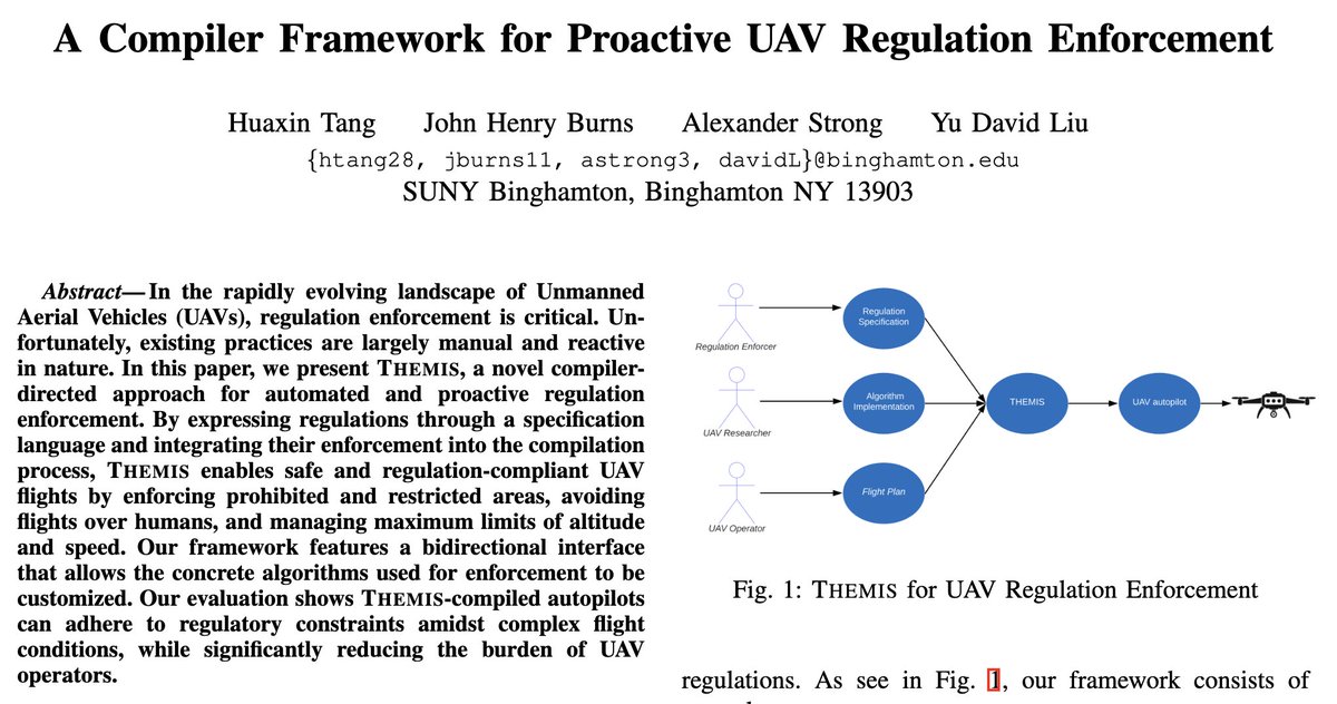 Drone regulations are crucial for public safety, but manually enforcing them by drone operators is error-prone. Can compilers help? Read about Themis, to appear at ICRA’24.  Congrats to Huaxin, Jack, and Alex! <a href="/ieee_ras_icra/">IEEE ICRA</a>