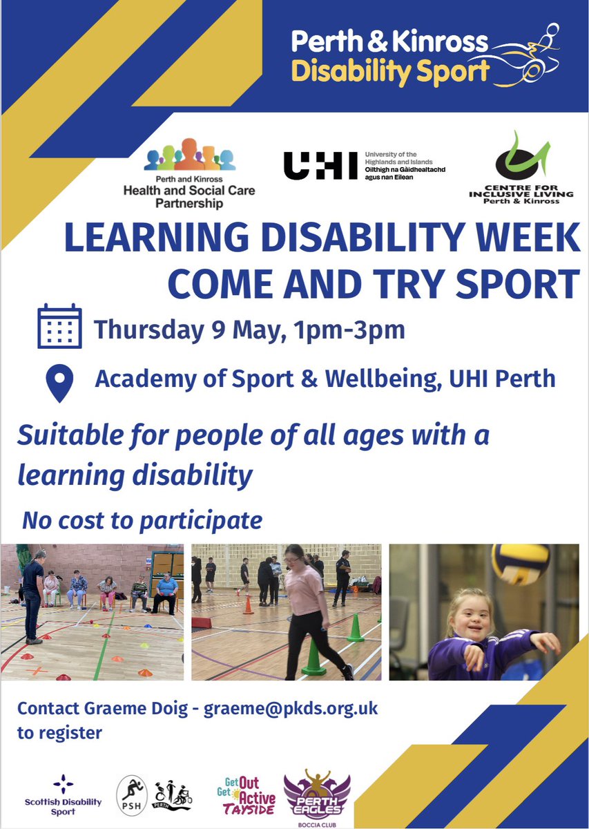 As part of Perth & Kinross Health & Social Care Partnership celebration of learning disability week in May, we’re delighted to invite participation from people of all ages with learning disabilities to ‘Come & Try Sport’ 9 May, 1pm-3pm at @ASWUHIPerth cognitoforms.com/perthkinrossdi…