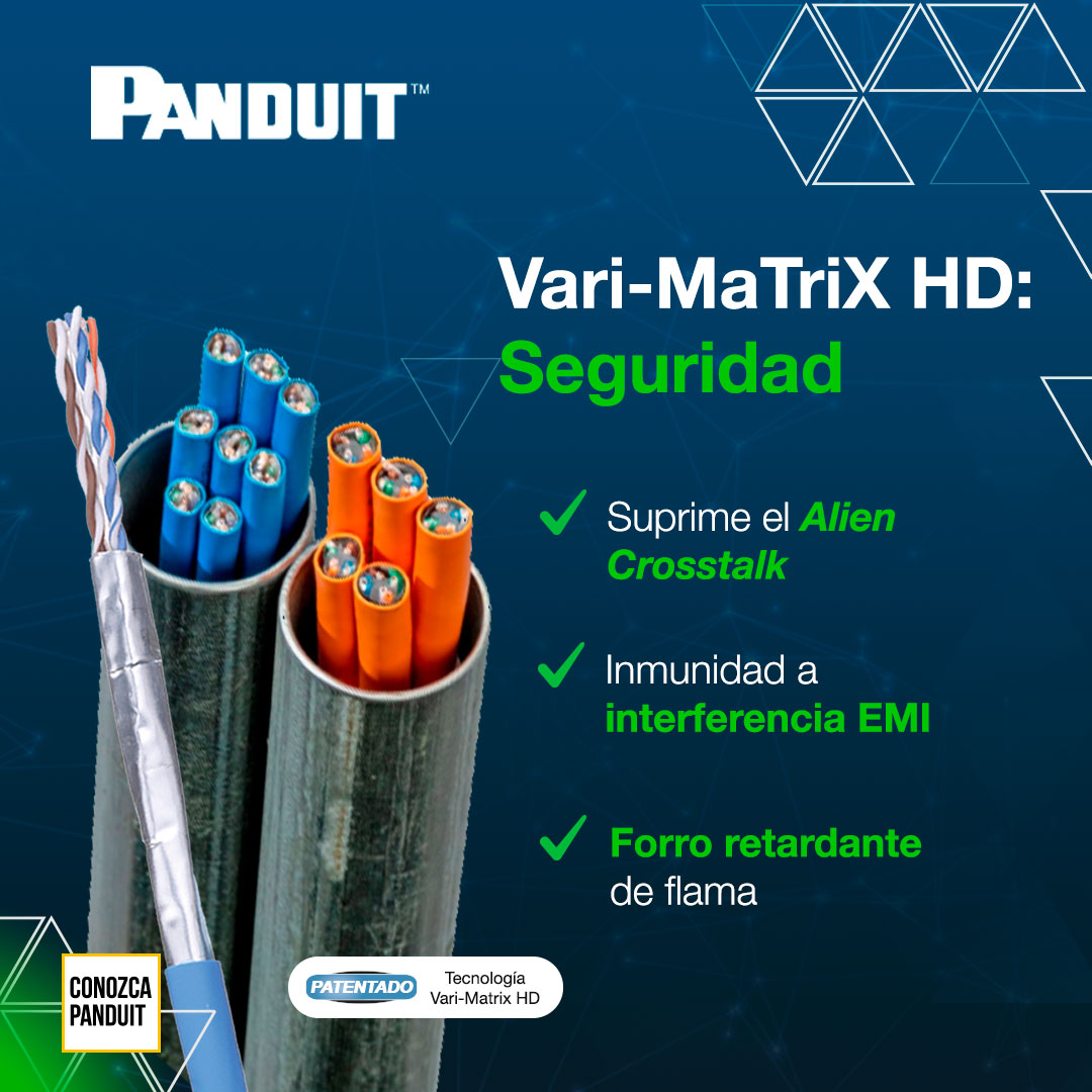 ¡Experimenta la máxima seguridad con Vari-MaTriX HD de Panduit! Suprime el Alien Crosstalk, cuenta con inmunidad a la interferencia EMI y un forro retardante de llama para una protección incomparable. 🔥🔒 #SeguridadPanduit #VariMaTriXHD #ProtecciónEMI