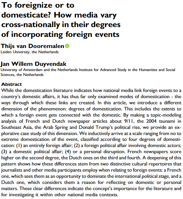 Does the extent to which media link foreign events to domestic affairs vary between national contexts? And if so, how? In a new article in Journalism (open access) @jwduyvendak and I delve into these questions for the cases of France and the Netherlands. journals.sagepub.com/doi/full/10.11…