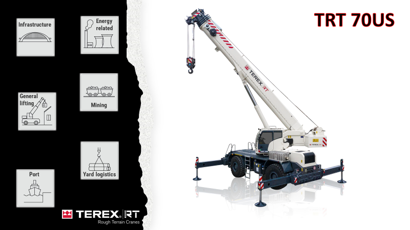 TerexRT's tweet photo. Terex TRT 70US

-70US ton max lift cap.
-143 ft hyd. four sect. boom - proportional. telescoping mode
-151 ft max. tip height main boom 
-Four steering modes
-Wide and tiltable cabin 

TRT 70US: https://t.co/Ttlxg9SRYJ

Share your: @TerexRT #construction #TerexRoughTerrainCranes https://t.co/BR0CGGZOqj