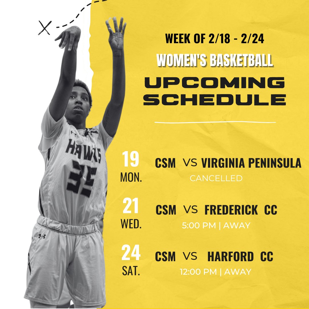 CSMHawksATH's tweet photo. Our basketball teams are headed on the road this week and our baseball team is gearing up to take on Finger Lakes Community College. Check out the game schedule for the week! π·π·
#CSMHawksMBB #CSMHawksWBB #CSMHawksBaseball https://t.co/Z79L3UQ4a9