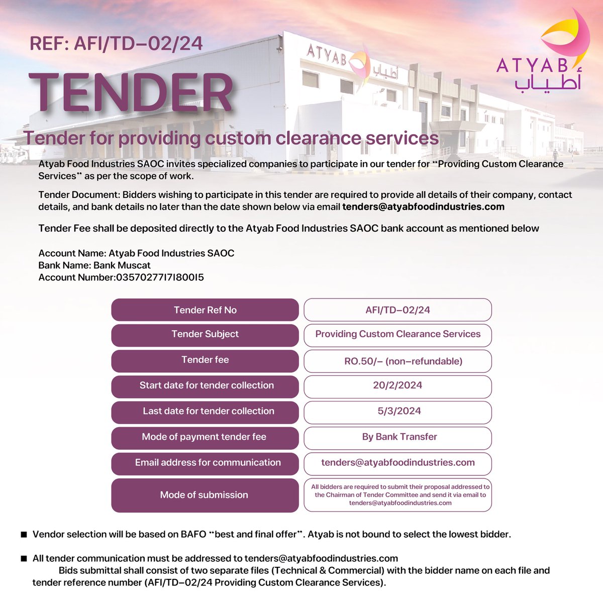 Atyab_foods's tweet photo. Tender announcement. https://t.co/XBh3pn4ziZ