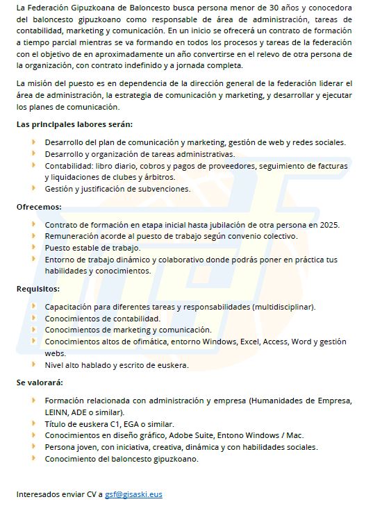 🚨LAN ESKEINTZA. Argazkian ikus dezakezue eskaintza.

🚨OFERTA DE EMPLEO. Podéis ver la oferta en la foto.