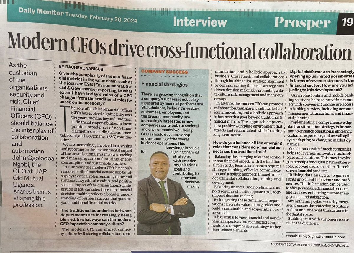 Guess who appeared in today’s @DailyMonitor. 🤩🤩

Take a look at some of the insights I shared about being a modern CFO with @UAPOldMutualUg Investment Group.
#TutambuleFfena

🔗 monitor.co.ug/uganda/busines…