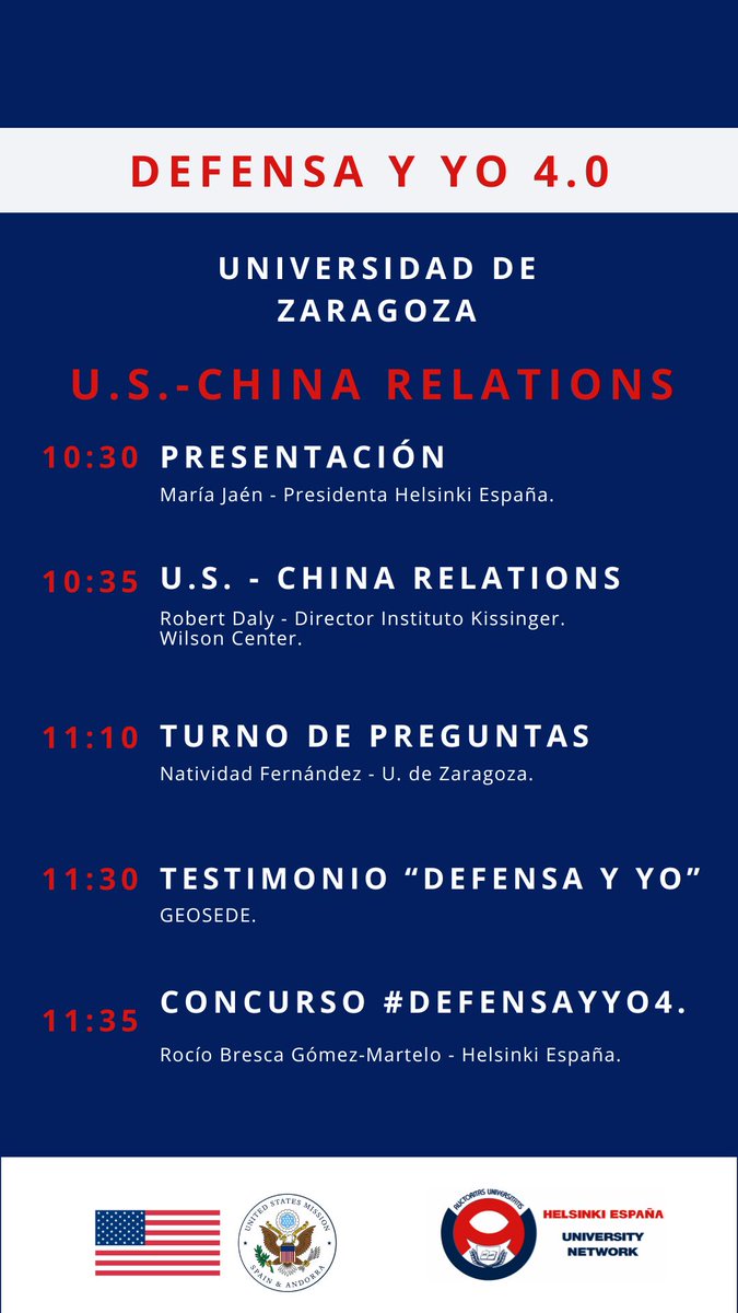 defensayyo's tweet photo. Damos el pistoletazo de salida al ciclo de conferencias de #DefensayYo4 con la conferencia que tendrá lugar en unos minutos en @unizar, dirigida por @natividadfernad, impartida por Robert Daly, y que llega de la mano de @helsinkiespana @USembassyMadrid @USConsulateBCN https://t.co/GQcKxq7JkA