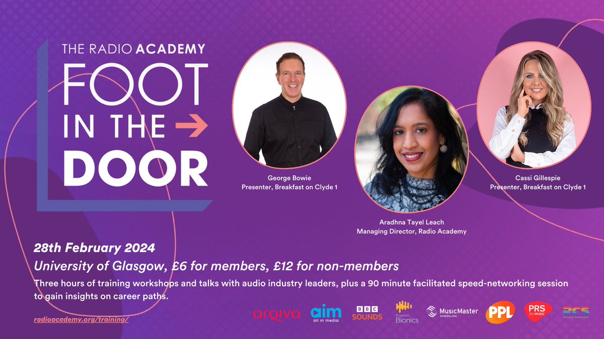 The Radio Academy (@radioacademy) on Twitter photo Not long to go until we come to Glasgow!
The programme and schedule is being released on our website, including our very exciting In Conversation session...
<a href="/1025Clyde1/">Clyde 1</a>'s <a href="/GBXANTHEMS/">George Bowie</a> and <a href="/CasCasG/">𝑪𝒂𝒔𝒔𝒊</a> will be In Conversation with <a href="/AradhnaTayal/">Aradhna Tayal Leach</a>.
Tickets here: radioacademy.org/training/footi… Not long to go until we come to Glasgow!
The programme and schedule is being released on our website, including our very exciting In Conversation session...
<a href="/1025Clyde1/">Clyde 1</a>'s <a href="/GBXANTHEMS/">George Bowie</a> and <a href="/CasCasG/">𝑪𝒂𝒔𝒔𝒊</a> will be In Conversation with <a href="/AradhnaTayal/">Aradhna Tayal Leach</a>.
Tickets here: radioacademy.org/training/footi…