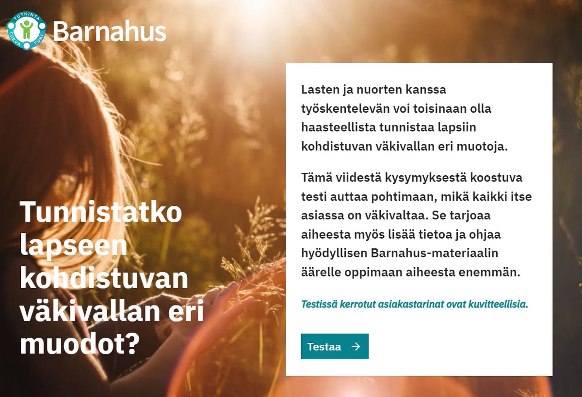 barnahus_fi's tweet photo. Lasten ja nuorten kanssa työskentelevä: Tunnistatko lapseen kohdistuvan väkivallan eri muodot?
➡️ Testaa tietosi kuvitteellisten case-esimerkkien kautta
➡️ Löydät testin https://t.co/N2eWrfM1sj etusivulta
➡️ Testin yhteydessä Barnahus-lisämateriaalia https://t.co/kv7dUmxabQ