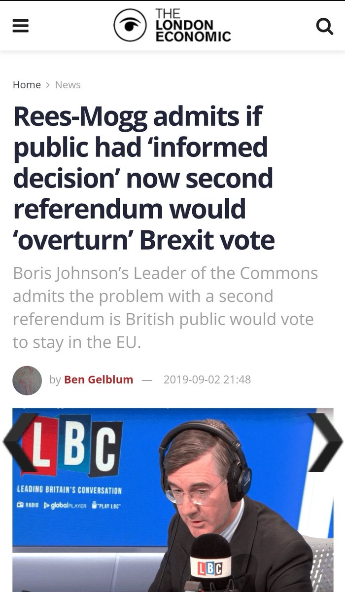 September 2019 - Rees-Mogg admitted that if the public was allowed an ‘informed decision’, a second referendum would ‘overturn’ Brexit vote. So, instead, the Tories suppressed democracy and denied the public an informed vote. Brexit was won by the worst abuses of democracy in