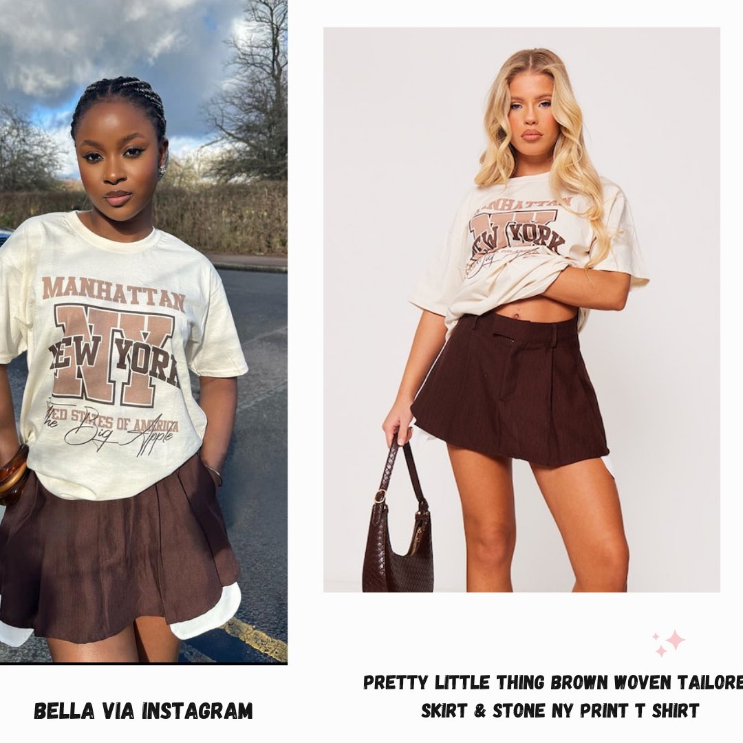 “Let’s be real , all you girls wanna look like her” Bella stuns in London in this flirty , cool , youthful outfit from @OfficialPLT . She rocks the tailored skirt and the NY print tshirt stylishly We Stan🤌🏿 #BellaOkagbue