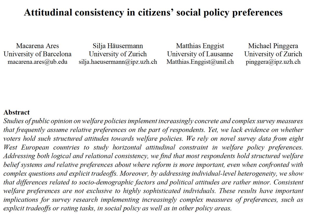 Happy to share this paper, now online @The_JOP about attitudinal consistency in welfare reform preferences with @SiljaHausermann @MatthiasEnggist @PinggeraMichael 👉journals.uchicago.edu/doi/10.1086/72…