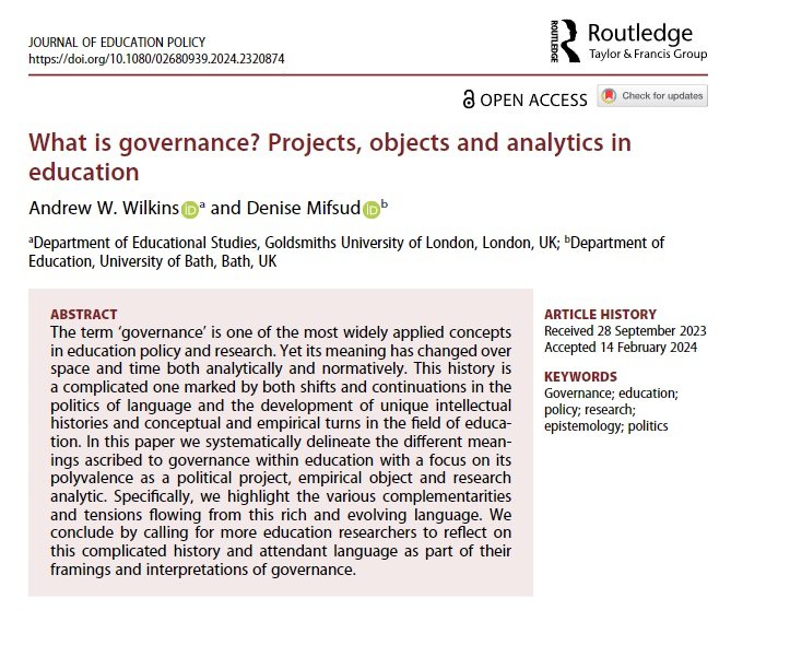 My new #openaccess paper with @DeniseMifsud4 published in @JEdPolicy captures the struggles over meanings of governance in education research/policy. Please share with others especially students. tandfonline.com/doi/full/10.10… A thread🧵⬇️