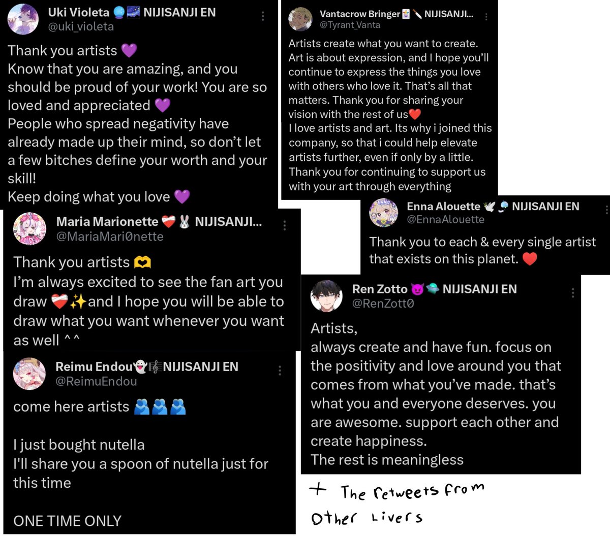 As an artist who wants to draw more of nijien (I mainly drawn Kyo, and a lot of arts I HAVE started are wips I can't complete if I wanted to rn), this means a LOT, as I've been wanting to draw more to spread positivity but I've been scared of people getting on my tail about it🥹