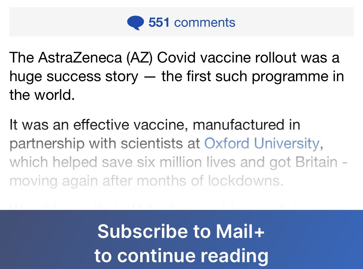 Shame on you @MailOnline Ensuring if you’re not signed up you only get to read the first few lines ‘AZ were a huge success’ ‘effective vaccine’ ‘saved millions of lives’ clever but Shocking. Only the Mail will benefit from this. I will not sign up to that BS @VIBUK1