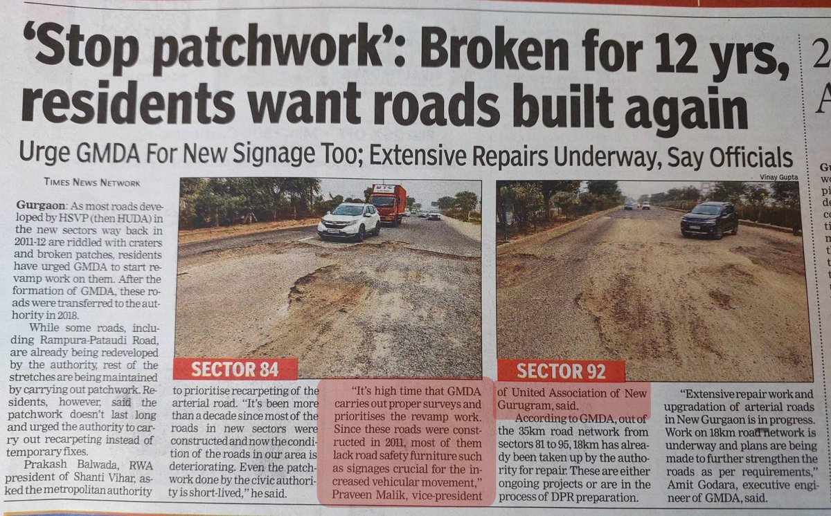 Praveenmalik86's tweet photo. All the sector dividing roads in #New_Gurugram were constructed 12+ yrs ago,now needs proper re-carpeting as the repairing of potholes will not solve the purpose now,also the #road_furniture including direction signage’s to be installed throughout by @OfficialGMDA @DevelopNewGgn https://t.co/kD91fi1vk0