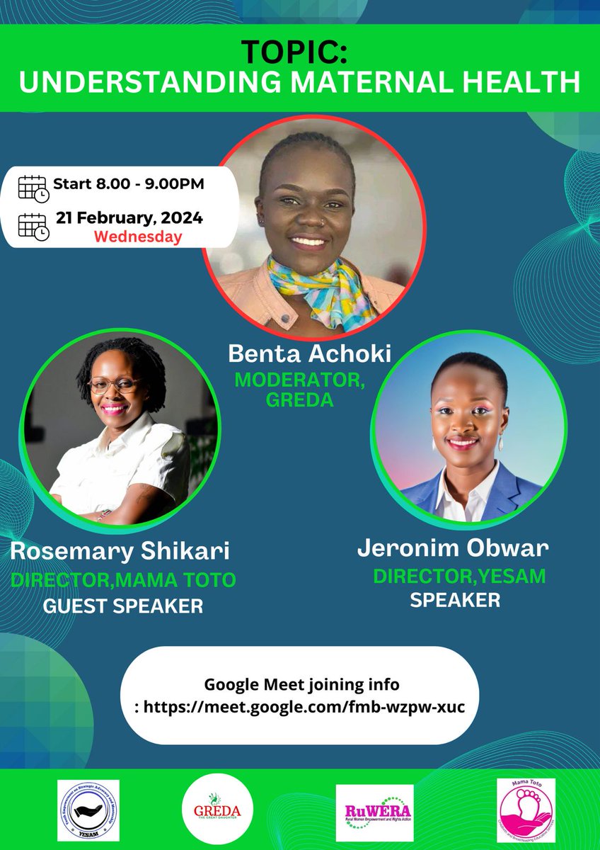 Understanding Maternal Health Wednesday, 21 Feb · 08:00 – 09:00 Google Meet joining info link: meet.google.com/fmb-wzpw-xuc