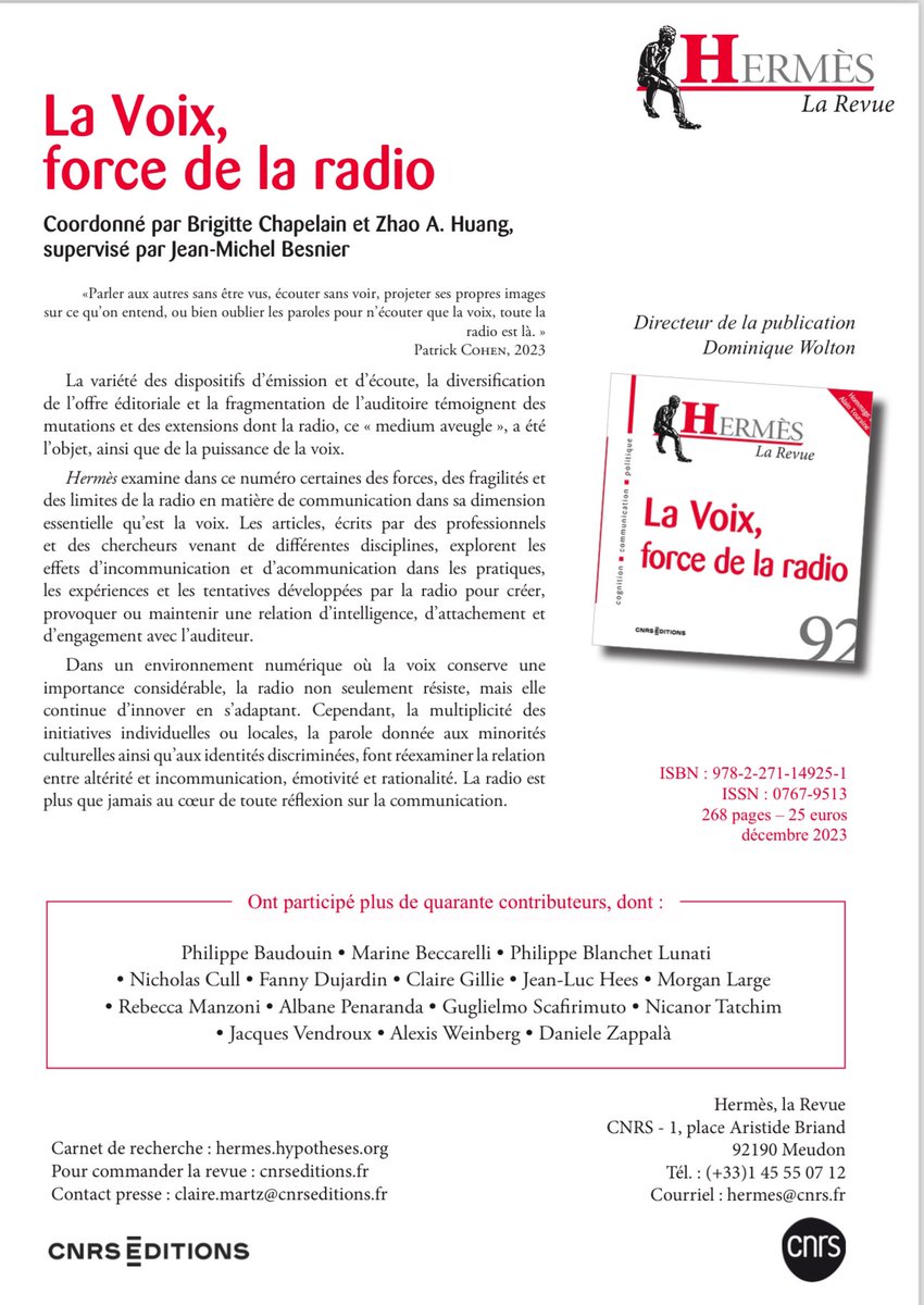 Nous avons le grand plaisir de vous partager la parution du numéro 92 de la @Revue_Hermes. Ce numéro s’intéresse à la #Voix et la #Radio! 
Je suis très heureux d’être coordinateur de ce numéro!  <a href="/UPN_Recherche/">Université Paris Nanterre - 𝐑𝐞𝐜𝐡𝐞𝐫𝐜𝐡𝐞</a>