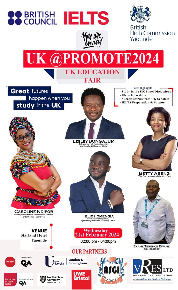 FelixFomengia's tweet image. Happy to be invited to join the UK Education Forum tomorrow, Wednesday, starting at 2:00 PM, at Starland Hotel Bastos, Yaoundé.

The event will feature Study in the UK Panel Discussions, UK scholarship opportunities, UK Study success stories and IELTS Preparation and Support…