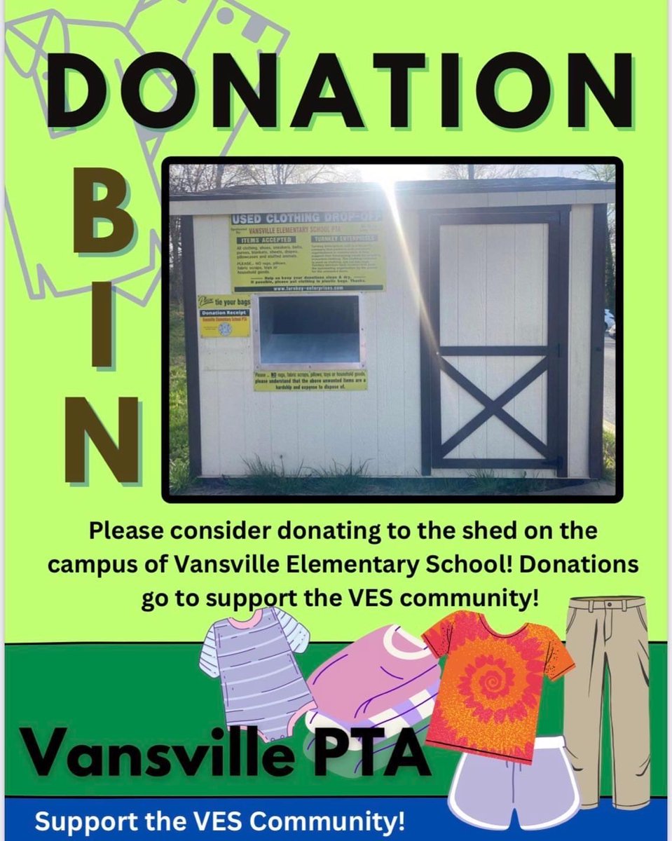 Making room for your 2024 wardrobe? Donate your gently used clothes and help the PTA earn money too! Put your items in the donation bin in the school parking lot.