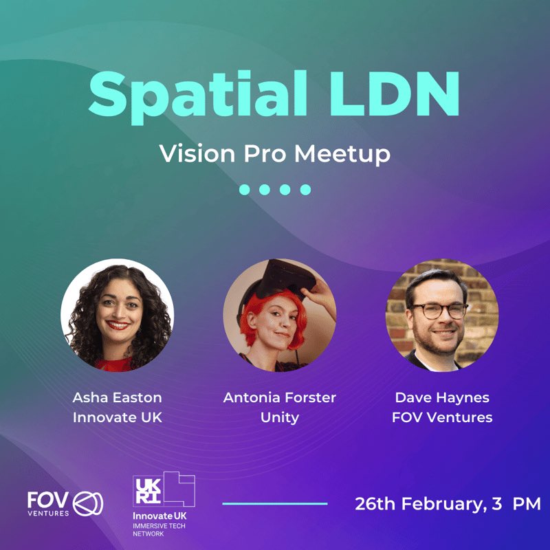 The @IUK_Immersive Network & @fovventures will be running a series of #SpatialLDN #AppleVisionPro Meetups Join our 1st event @ Huckletree on Feb 26 to try some demos & hear from our guest speaker @AntoniaRForster from @unity lu.ma/5vngukpk #spatialcomputing #AR #XR