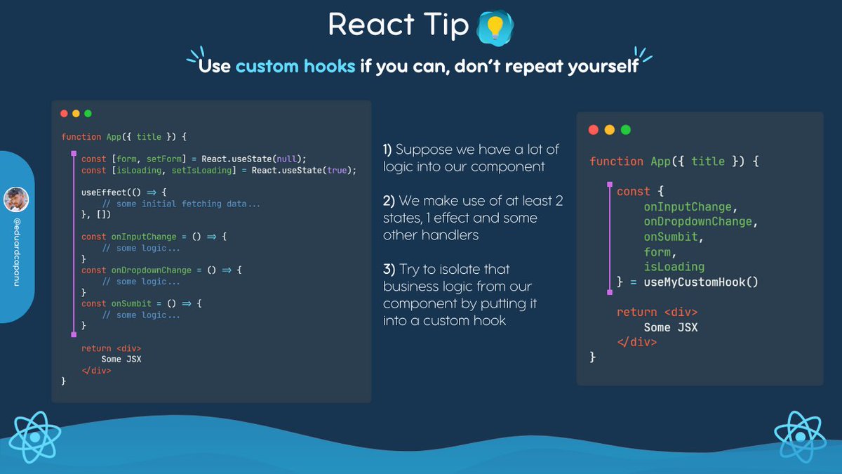 capanu2's tweet image. Use custom hooks when you can :) 

PS: I share one post a week on React. Follow me for more tips and information! 🙂 

#React #ReactJS #ReactTip