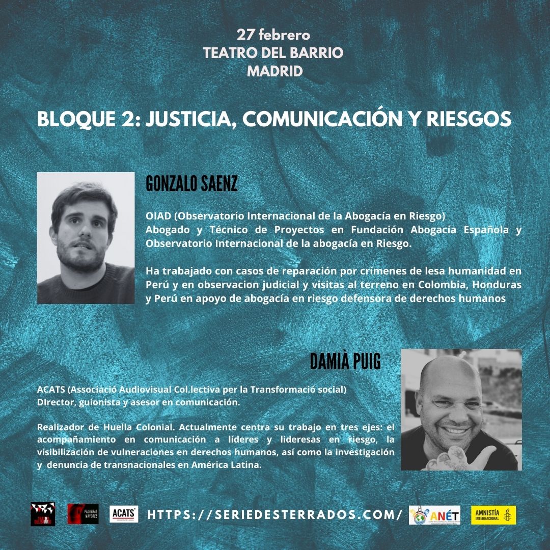 Desterrados (@desterradosdocu) on Twitter photo ⚖️📡 Justicia, comunicación y riesgos.
🔴 Gonzalo Saenz: Explica los riesgos de juristas que trabajan en la defensa de DDHH.
🎥 DAMIAN PUIG: Director, guionista de Huella Colonial.
🗓 27 de febrero 2024
📍<a href="/teatrodelbarrio/">JULIO ANTON</a>
Madrid
🎫 Reserva Entradas n9.cl/atx21 ⚖️📡 Justicia, comunicación y riesgos.
🔴 Gonzalo Saenz: Explica los riesgos de juristas que trabajan en la defensa de DDHH.
🎥 DAMIAN PUIG: Director, guionista de Huella Colonial.
🗓 27 de febrero 2024
📍<a href="/teatrodelbarrio/">JULIO ANTON</a>
Madrid
🎫 Reserva Entradas n9.cl/atx21